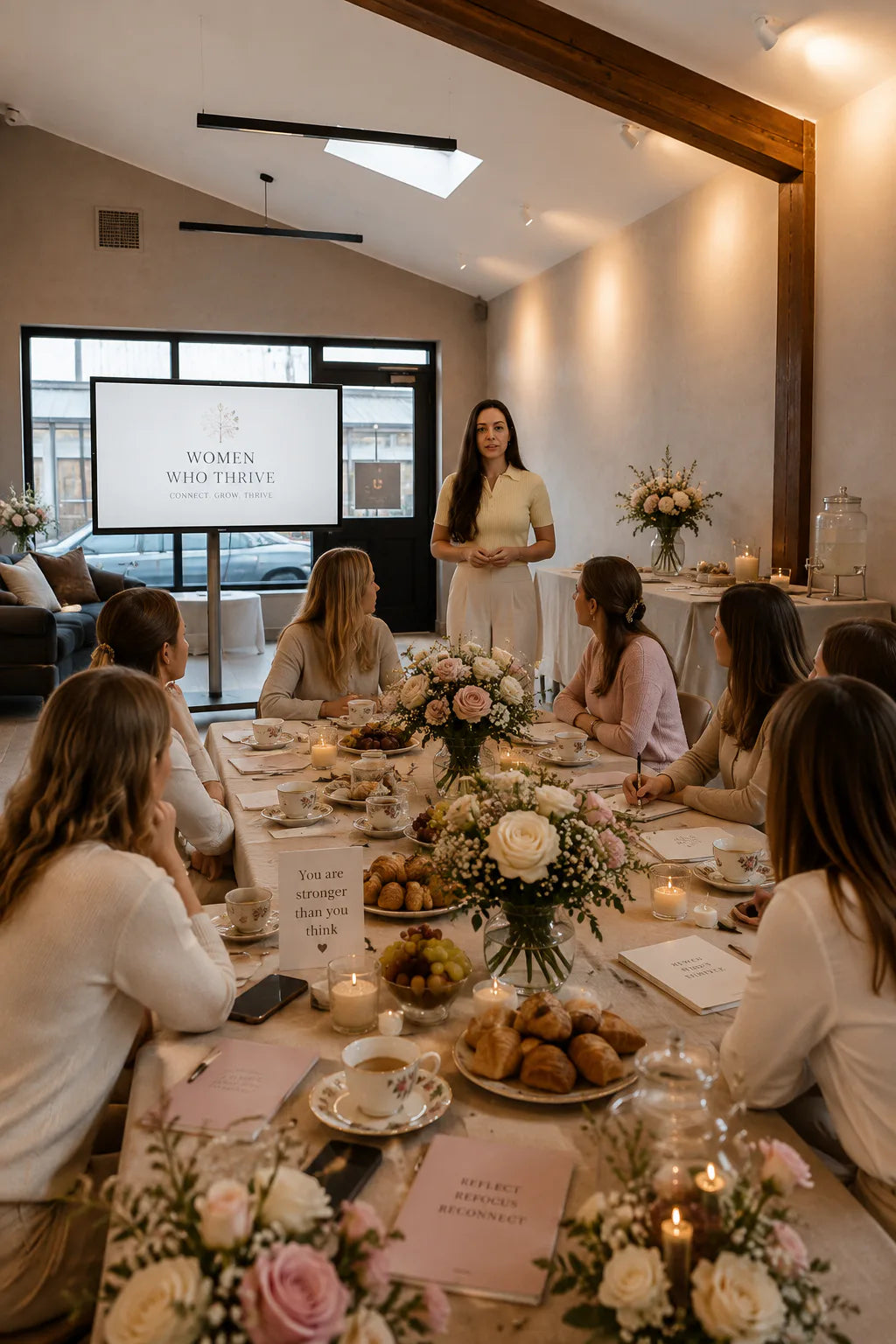 Women gathered around a table during a reflective wellbeing session