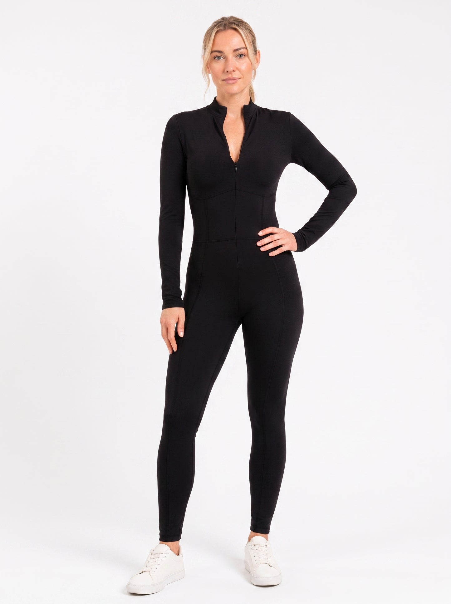 Black Long-Sleeve Sculpting Zip Unitard