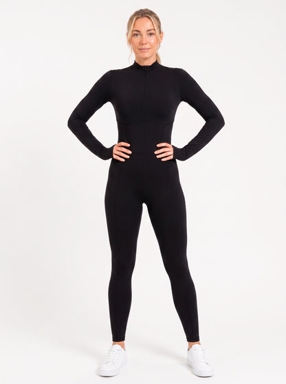 Black Long-Sleeve Sculpting Zip Unitard