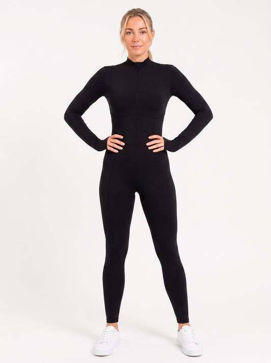 Black Long-Sleeve Sculpting Zip Unitard