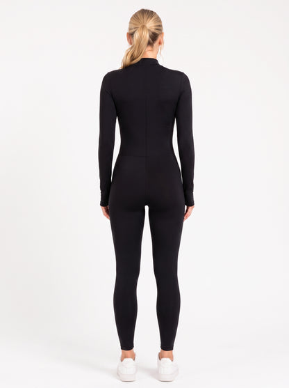 Black Long-Sleeve Sculpting Zip Unitard