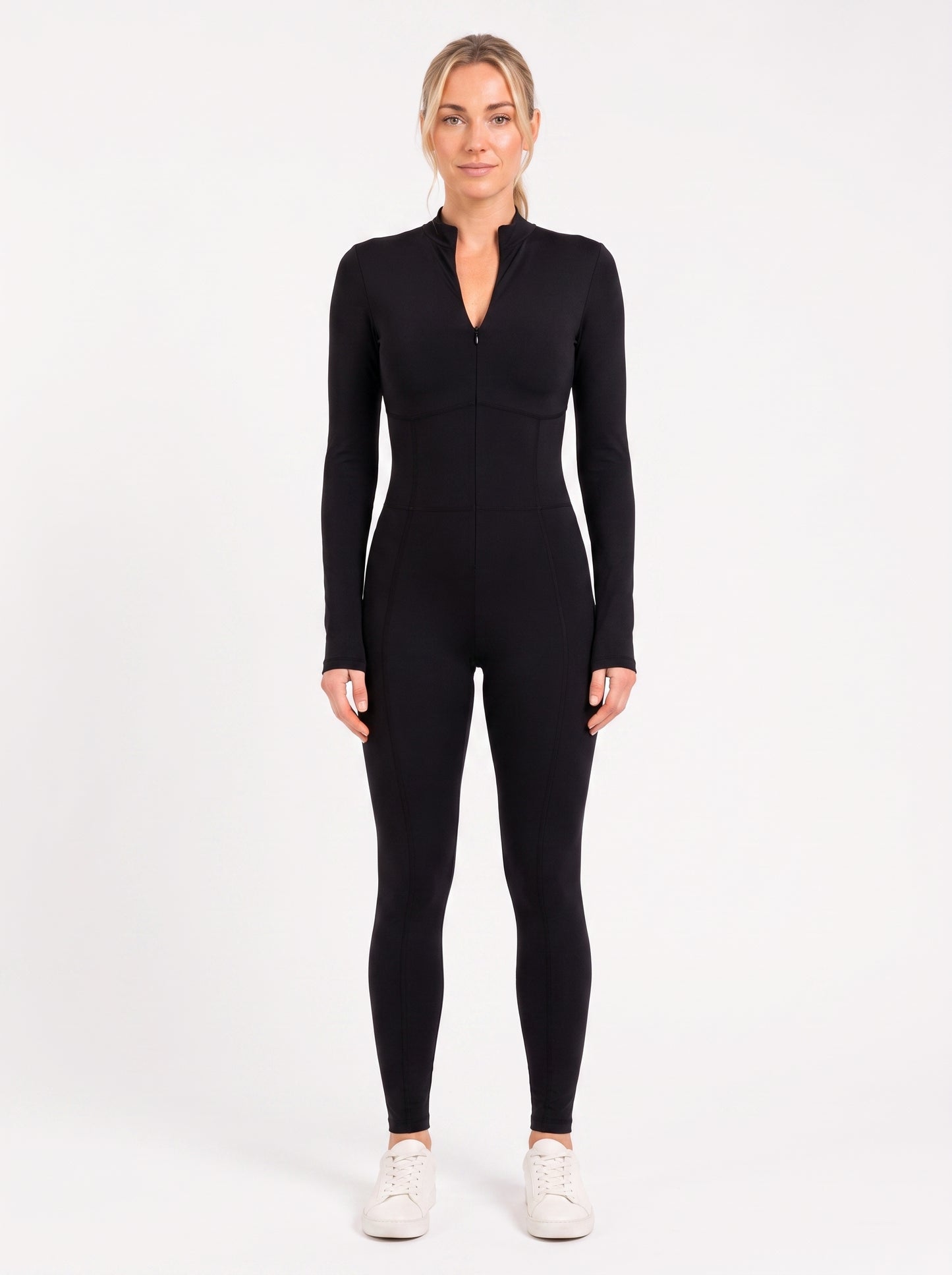 Black Long-Sleeve Sculpting Zip Unitard