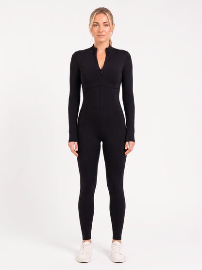 Black Long-Sleeve Sculpting Zip Unitard