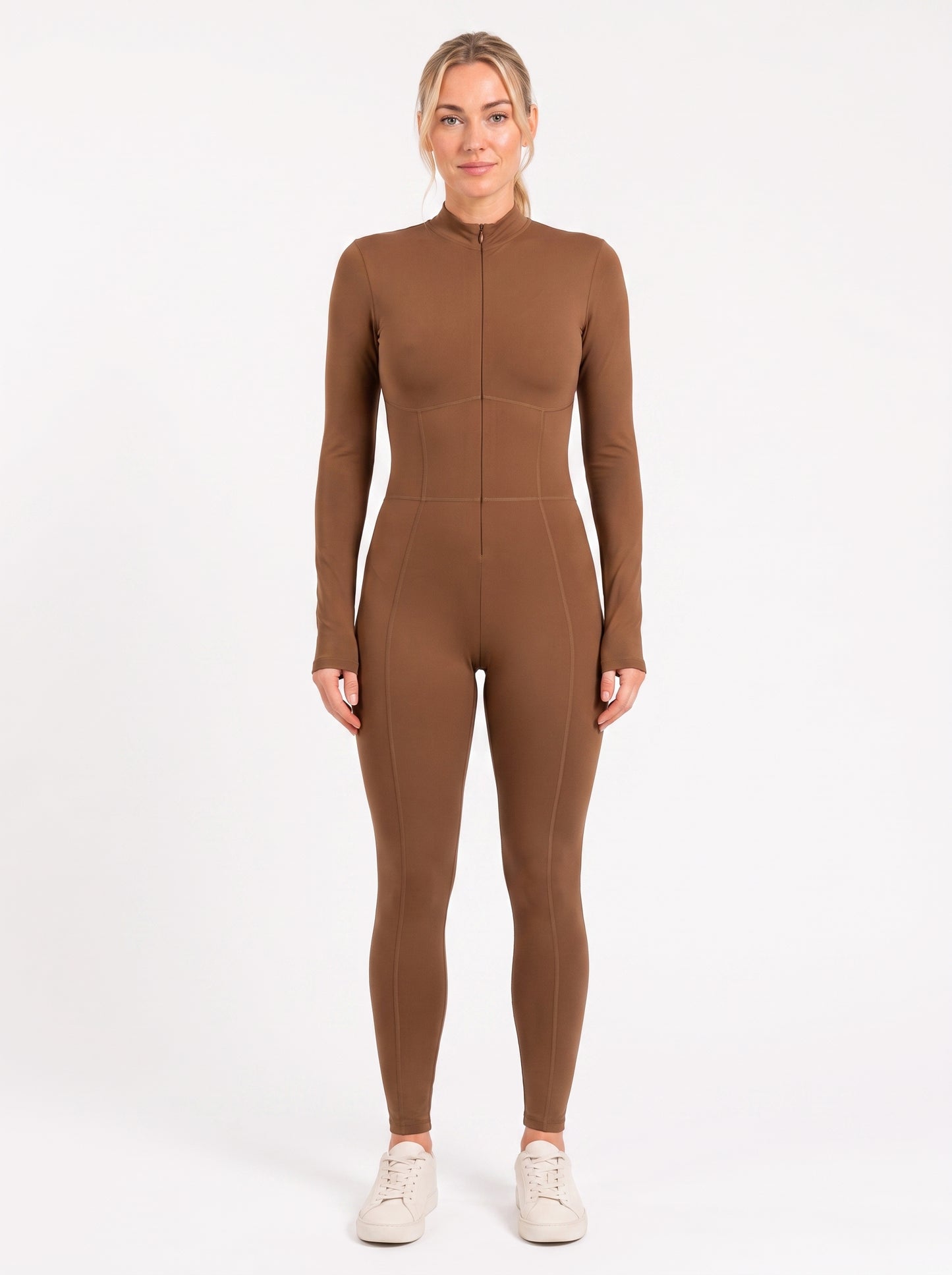 Caramel Long-Sleeve Sculpting Zip Unitard