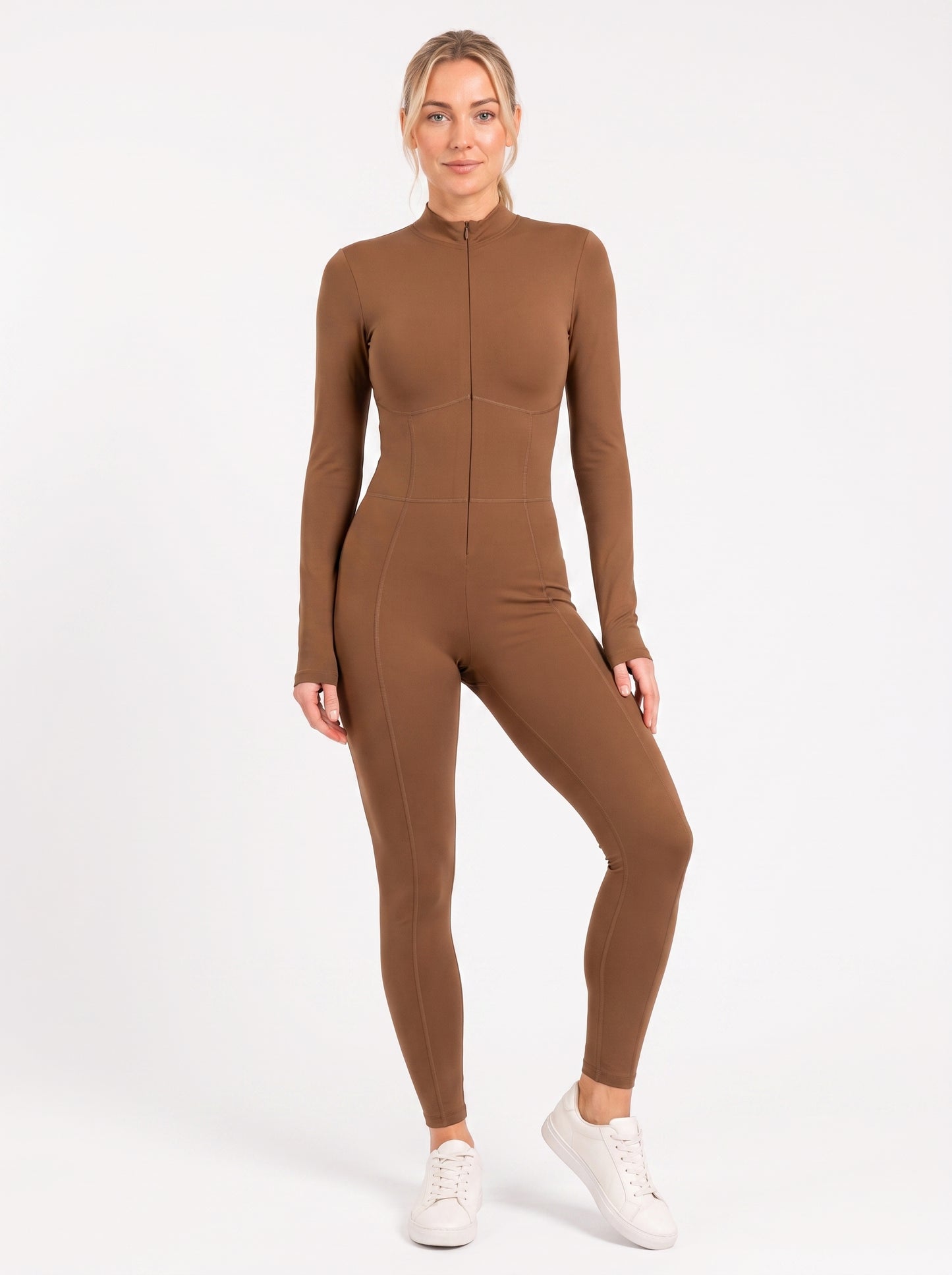 Caramel Long-Sleeve Sculpting Zip Unitard