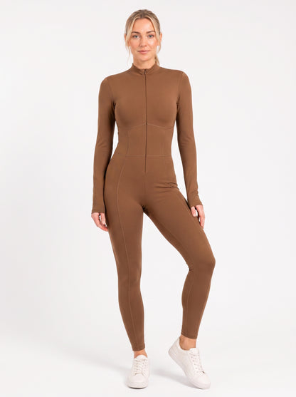 Caramel Long-Sleeve Sculpting Zip Unitard