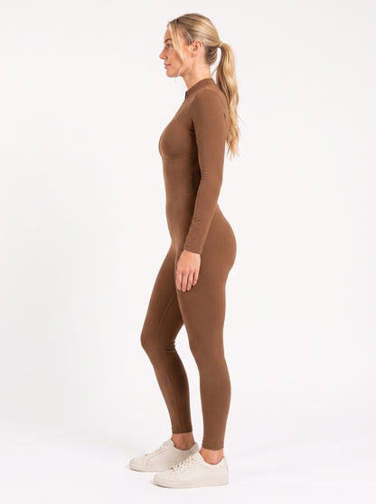 Caramel Long-Sleeve Sculpting Zip Unitard