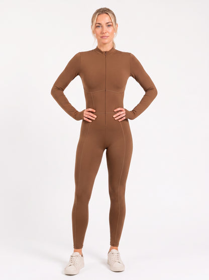 Caramel Long-Sleeve Sculpting Zip Unitard
