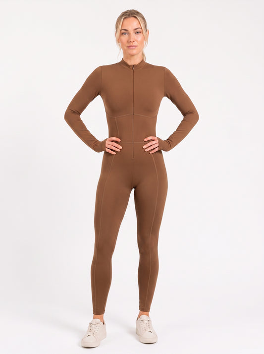 Caramel Long-Sleeve Sculpting Zip Unitard