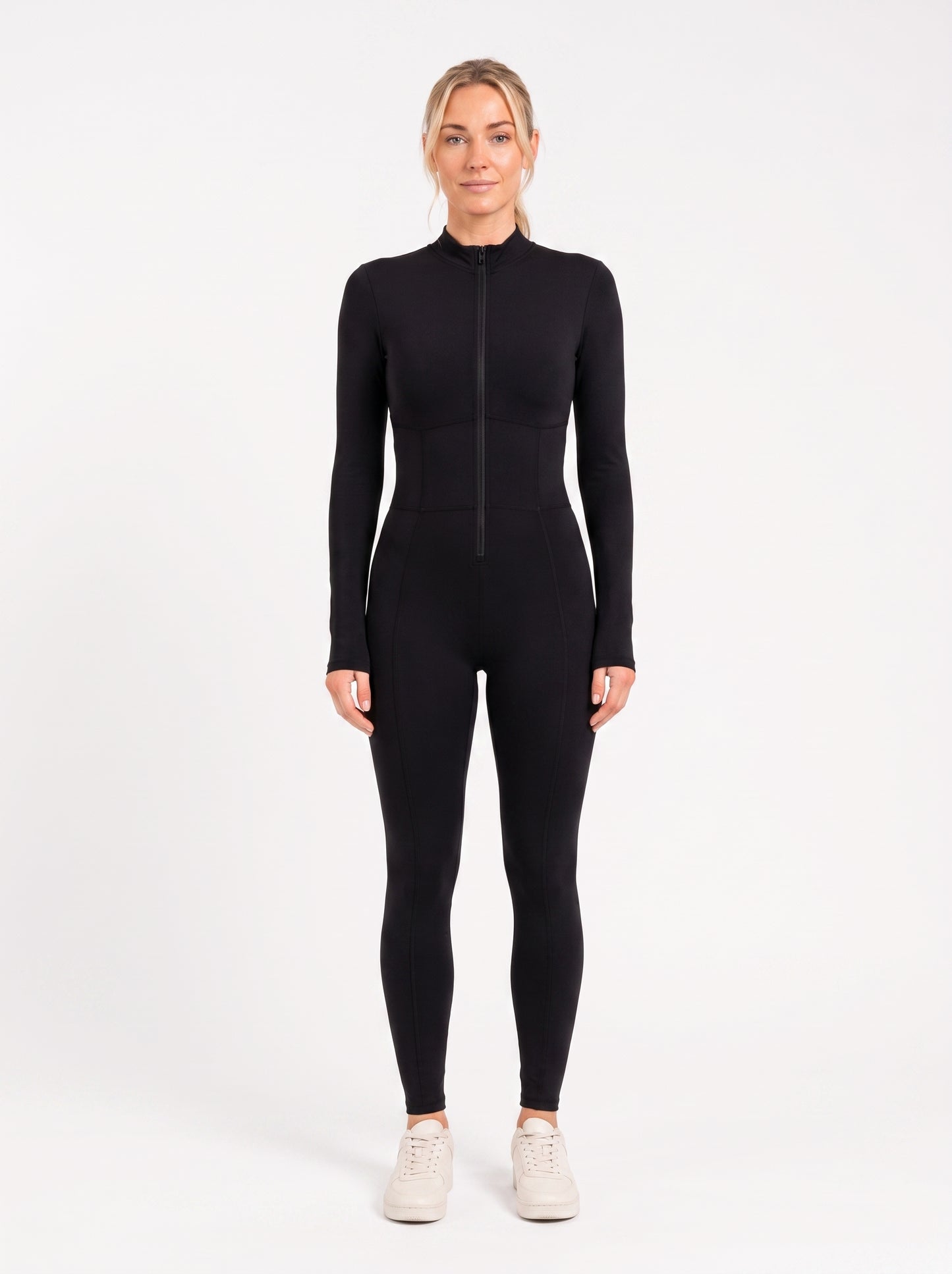 Black Long-Sleeve Sculpting Zip Unitard