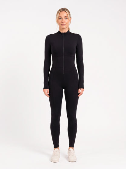 Black Long-Sleeve Sculpting Zip Unitard