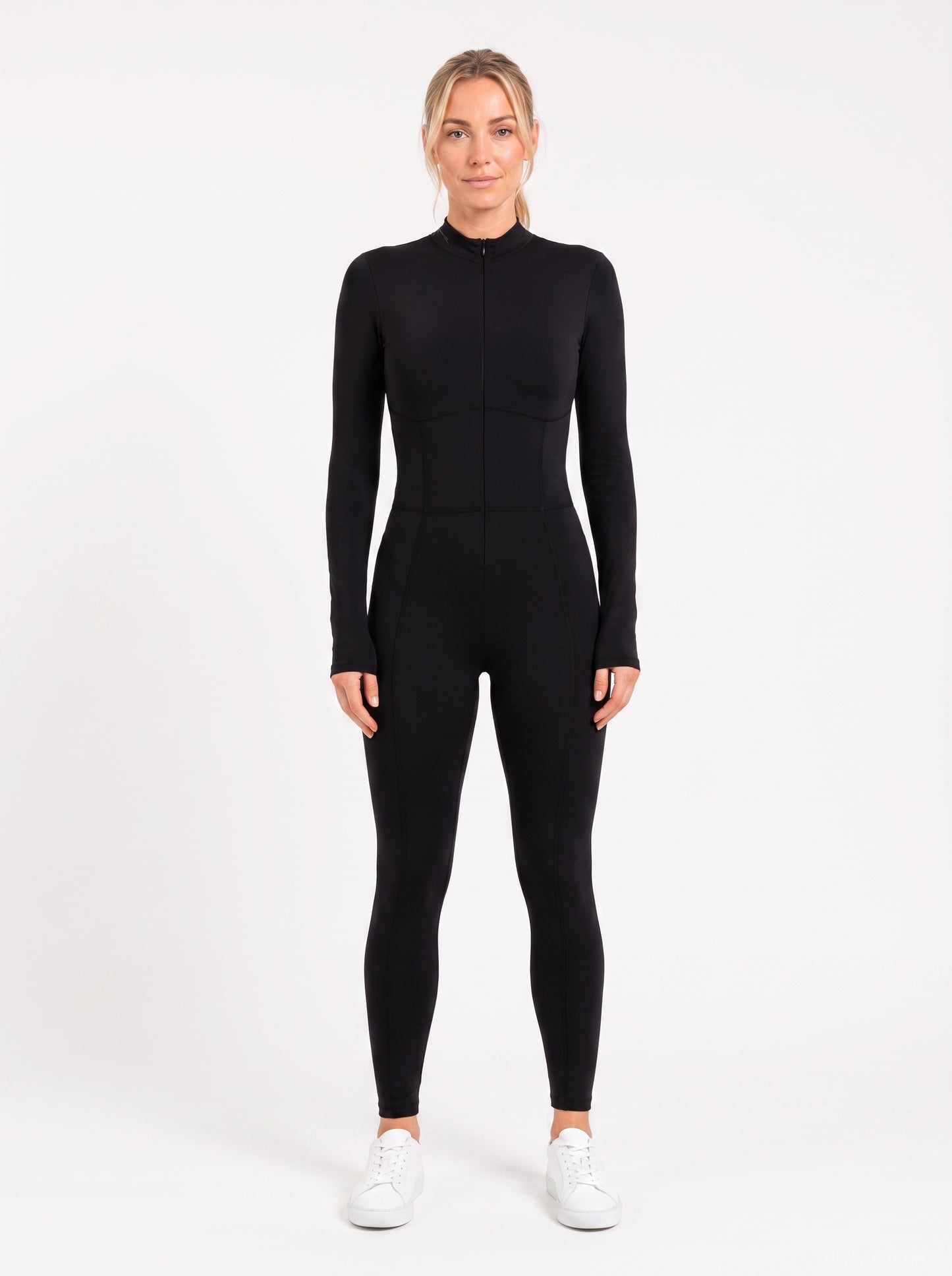 Black Long-Sleeve Sculpting Zip Unitard