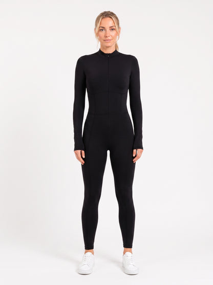 Black Long-Sleeve Sculpting Zip Unitard