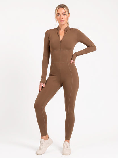 Caramel Long-Sleeve Sculpting Zip Unitard