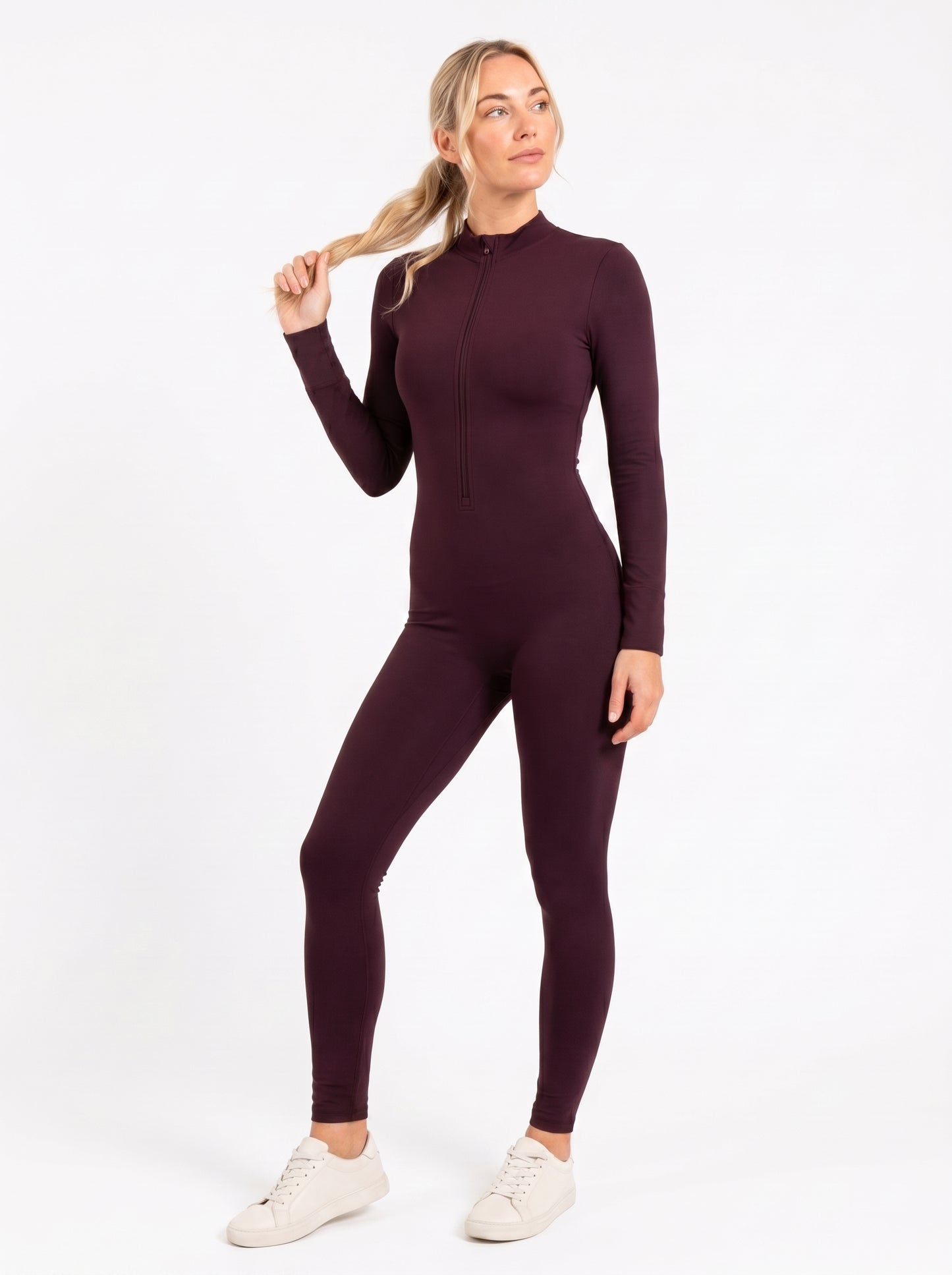 Burgundy Long-Sleeve Zip Unitard