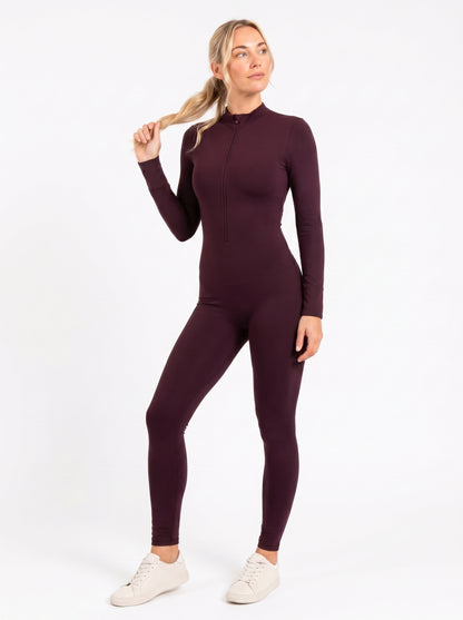 Burgundy Long-Sleeve Zip Unitard