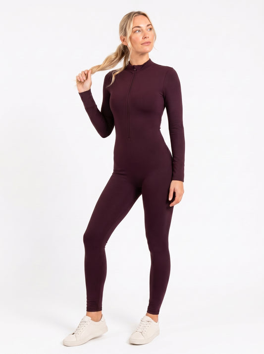 Burgundy Long-Sleeve Zip Unitard
