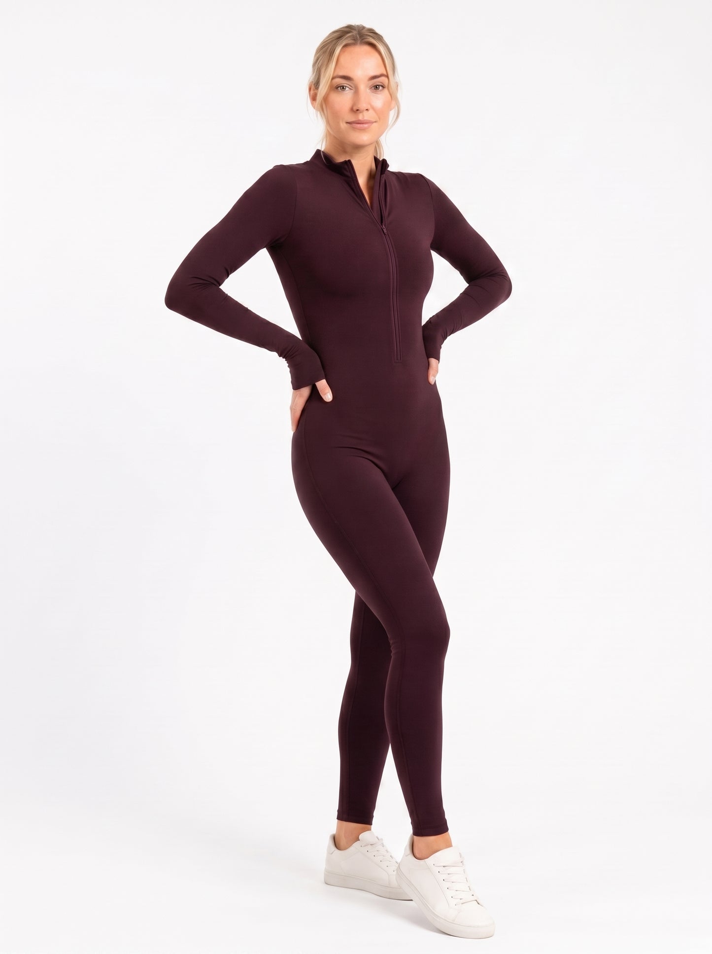 Burgundy Long-Sleeve Zip Unitard