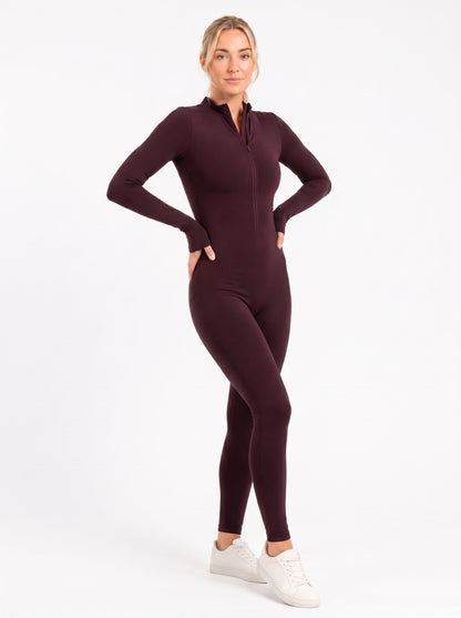Burgundy Long-Sleeve Zip Unitard