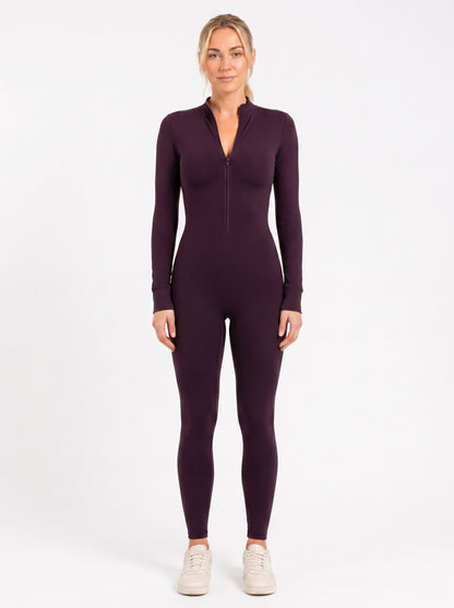 Burgundy Long-Sleeve Zip Unitard